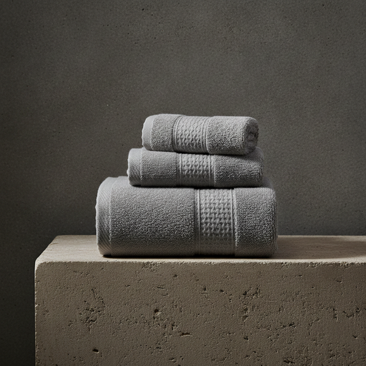 Stack of gray towels on a concrete block with a dark background