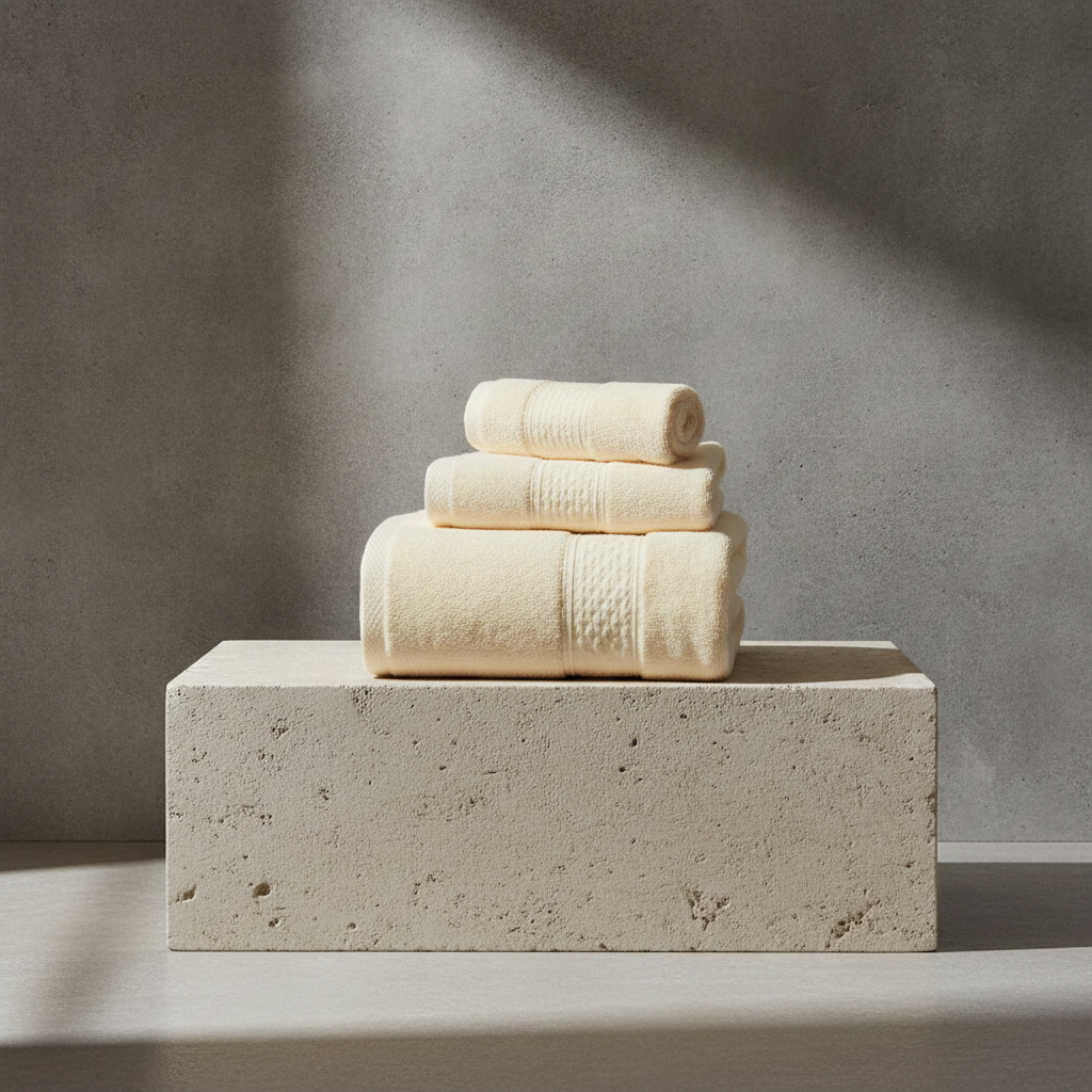 Stack of cream towels on a concrete block with a neutral background