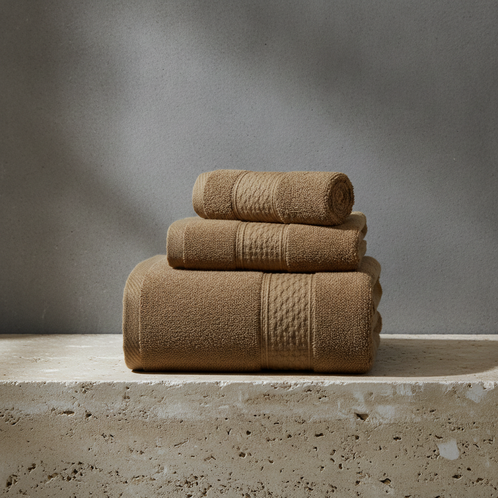 Stack of brown towels on a concrete surface with a gray background