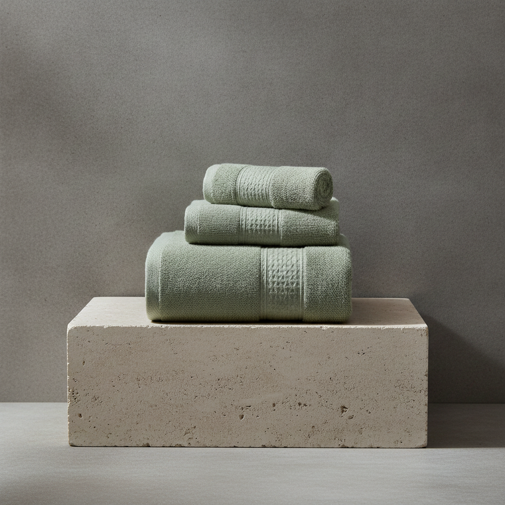 Stack of green towels on a concrete block against a gray background