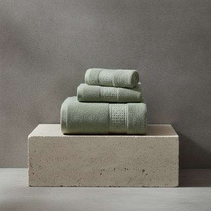 Stack of green towels on a concrete block against a gray background