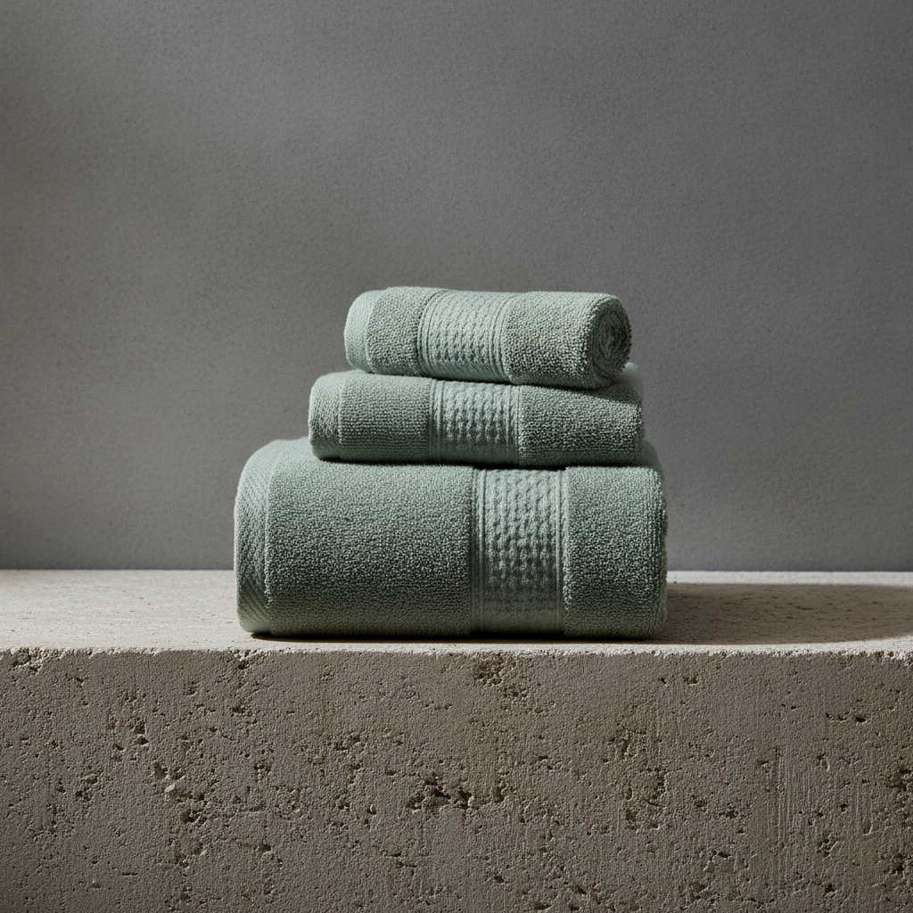 Stack of green towels on a concrete surface with a gray background