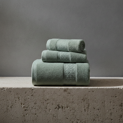 Stack of green towels on a concrete surface with a gray background