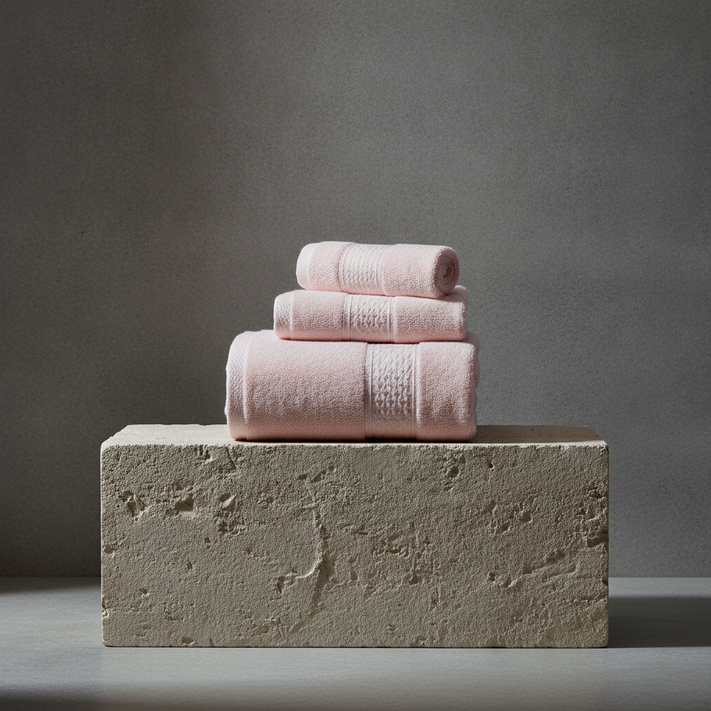 Stack of pink towels on a textured stone block against a gray background