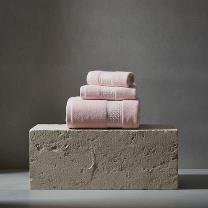 Stack of pink towels on a textured stone block against a gray background