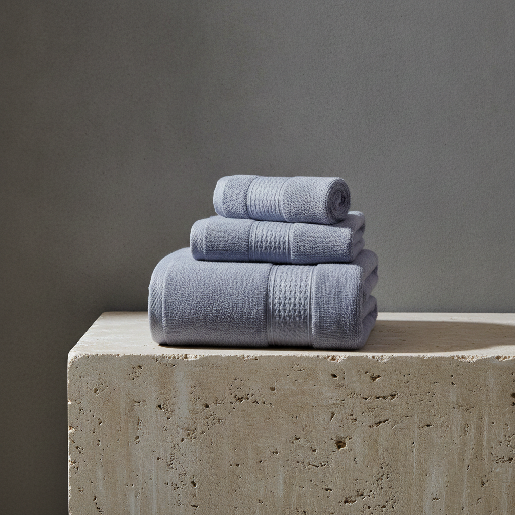 Stack of blue towels on a concrete surface with a gray background