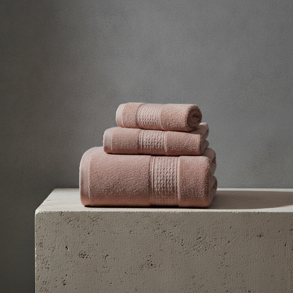 Stack of pink towels on a concrete surface with a gray background
