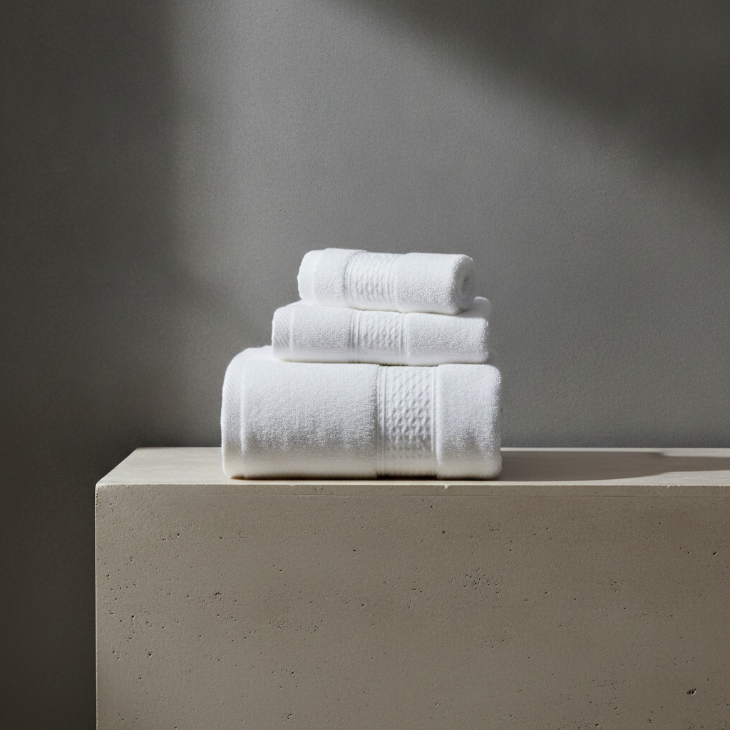 Stack of white towels on a concrete surface with a gray background