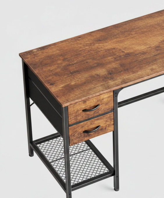 Wooden desk with metal legs on a white background